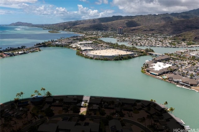 bird's eye view featuring a water and mountain view