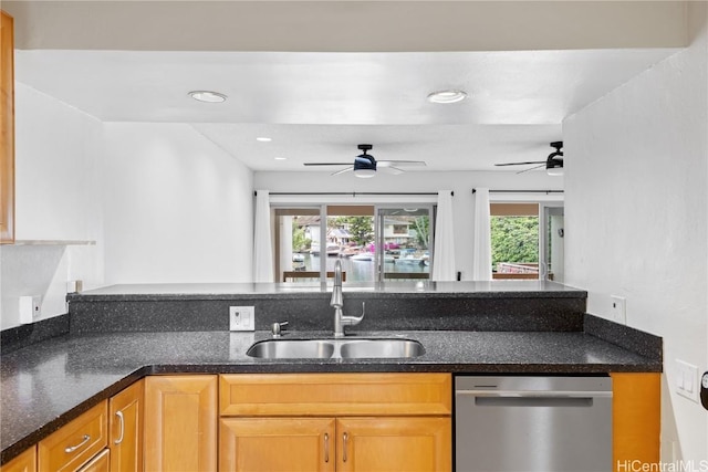 kitchen featuring sink, ceiling fan, and dishwasher