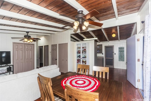 dining area with ceiling fan, dark hardwood / wood-style floors, wooden ceiling, and beamed ceiling