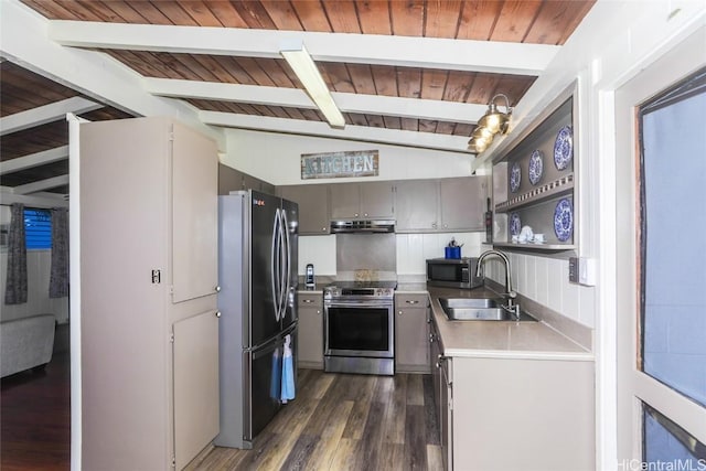 kitchen with lofted ceiling with beams, dark hardwood / wood-style floors, gray cabinets, appliances with stainless steel finishes, and sink