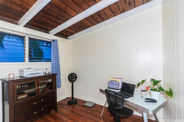 office area featuring wood ceiling, dark wood-type flooring, and beamed ceiling