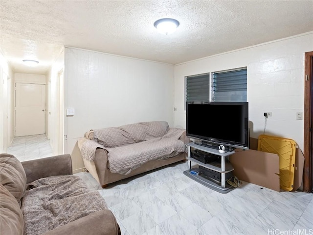 living room with a textured ceiling