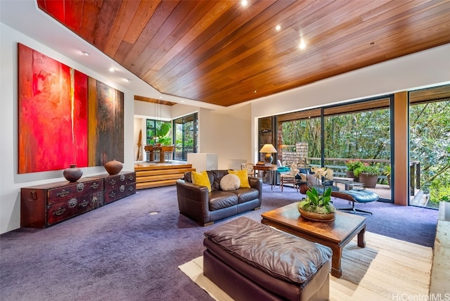 living room featuring light carpet, wood ceiling, and recessed lighting