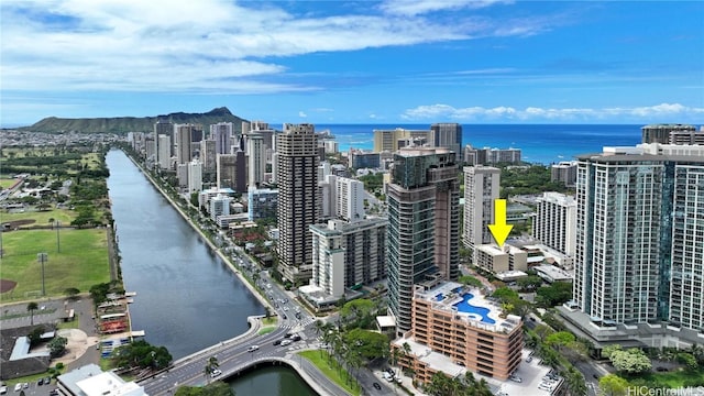 aerial view featuring a water view