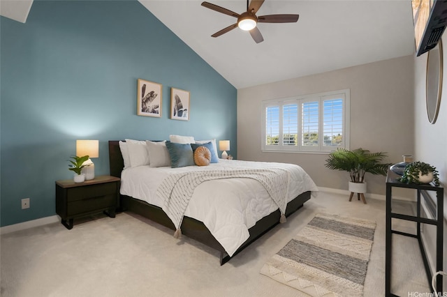 92-1001 Aliinui Dr Unit 25C, Kapolei, HI 96707 - bedroom featuring light carpet, baseboards, high vaulted ceiling, and a ceiling fan
