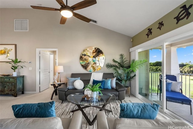 92-1001 Aliinui Dr Unit 25C, Kapolei, HI 96707 - living room with high vaulted ceiling, a ceiling fan, visible vents, and light colored carpet