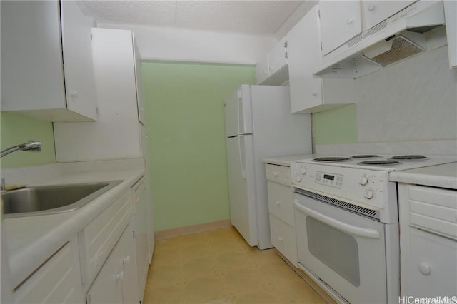 kitchen featuring white cabinetry, sink, white range with electric stovetop, and a textured ceiling