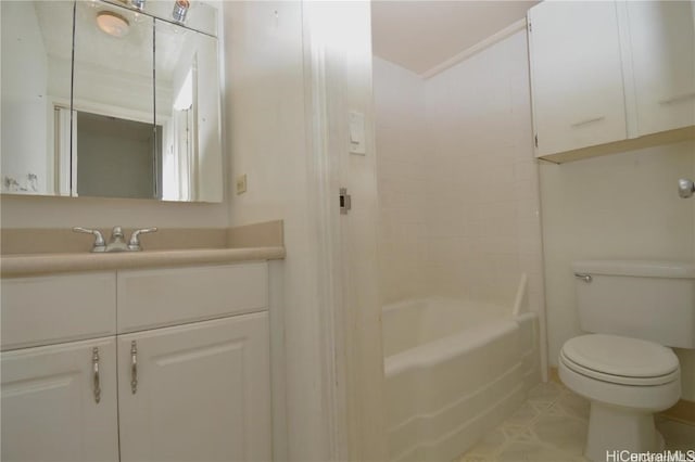 full bathroom featuring bathtub / shower combination, toilet, and vanity