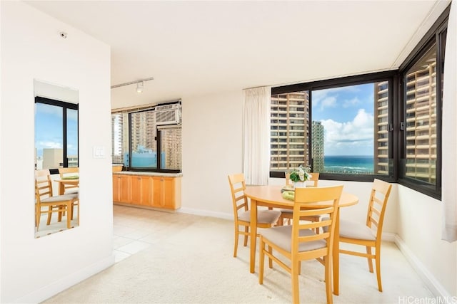 carpeted dining room featuring plenty of natural light, a wall mounted AC, track lighting, and a water view