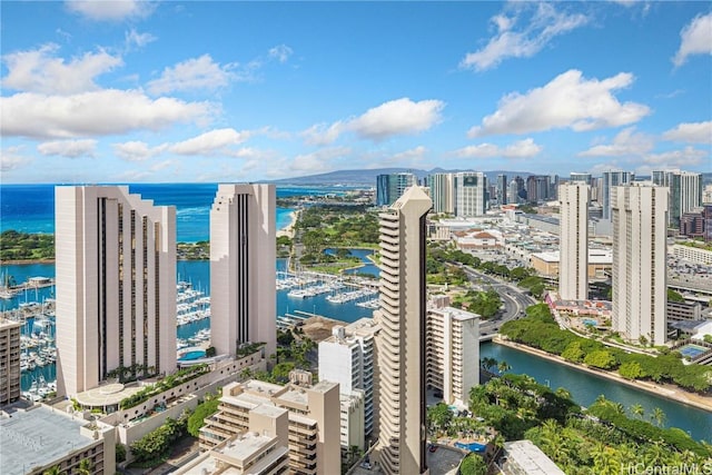 birds eye view of property featuring a water view