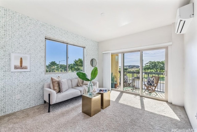 carpeted living room with an AC wall unit