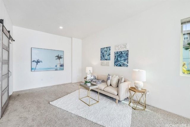 carpeted living room with a wealth of natural light and a barn door