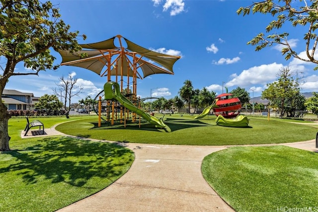 view of playground featuring a lawn