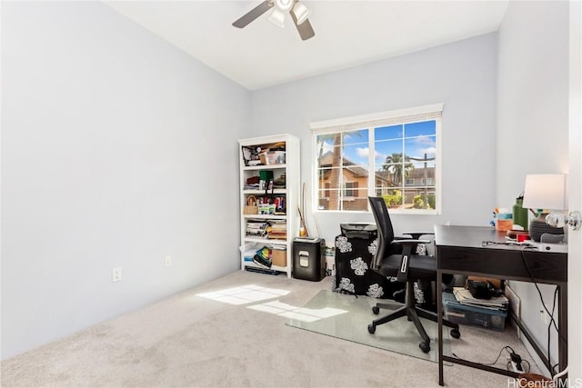 office with ceiling fan and light colored carpet