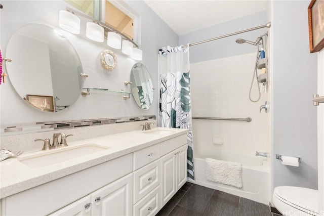 full bathroom with toilet, vanity, shower / bath combo, and tasteful backsplash