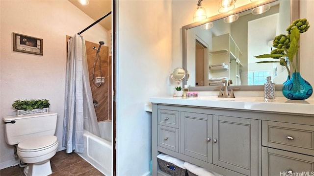 full bathroom with vanity, toilet, tile patterned floors, and shower / bath combo with shower curtain