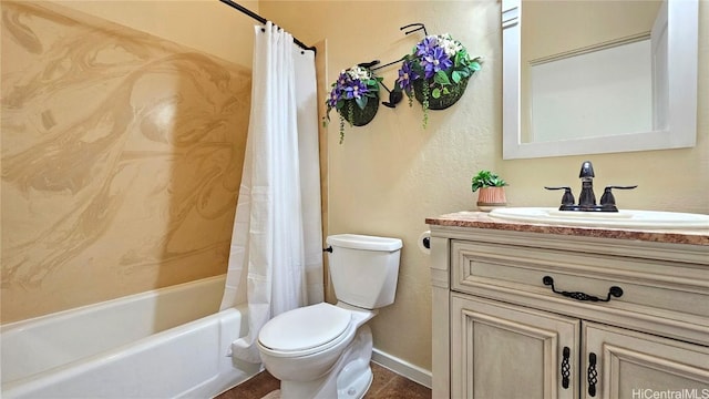 full bathroom with shower / bath combination with curtain, vanity, and toilet