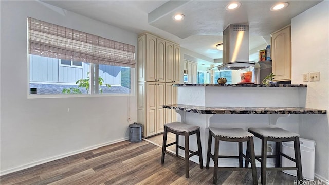 kitchen with cream cabinets, a kitchen bar, hardwood / wood-style floors, island range hood, and kitchen peninsula