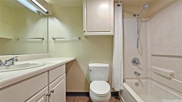 full bathroom with vanity, toilet, and shower / tub combo with curtain