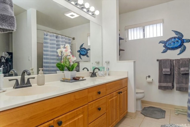 bathroom with tile patterned floors, vanity, toilet, and a shower with shower curtain