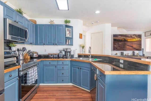 kitchen with blue cabinetry, kitchen peninsula, and stainless steel appliances