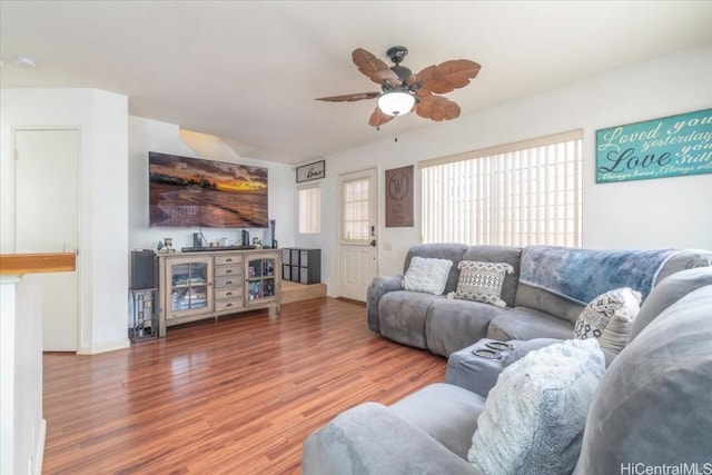 living room with ceiling fan and hardwood / wood-style floors