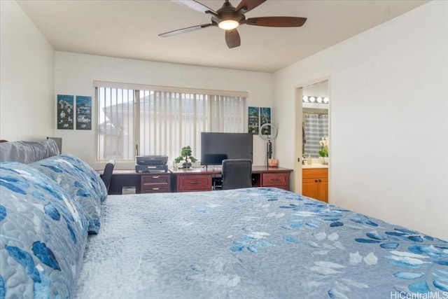 bedroom featuring ceiling fan and connected bathroom