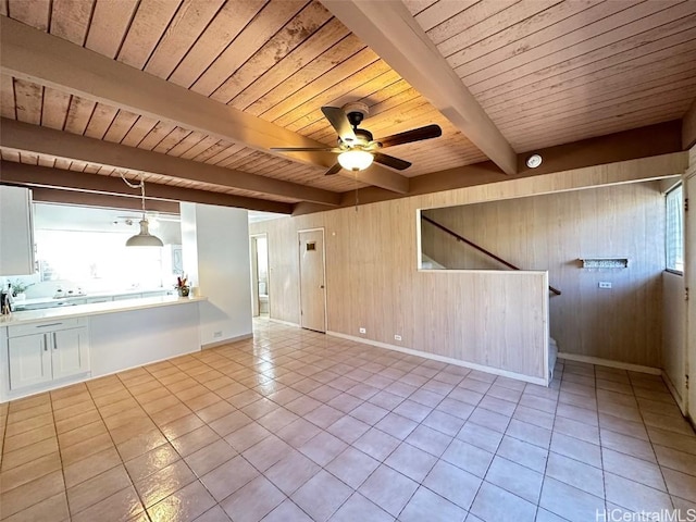 interior space featuring ceiling fan, wood ceiling, wood walls, and beamed ceiling