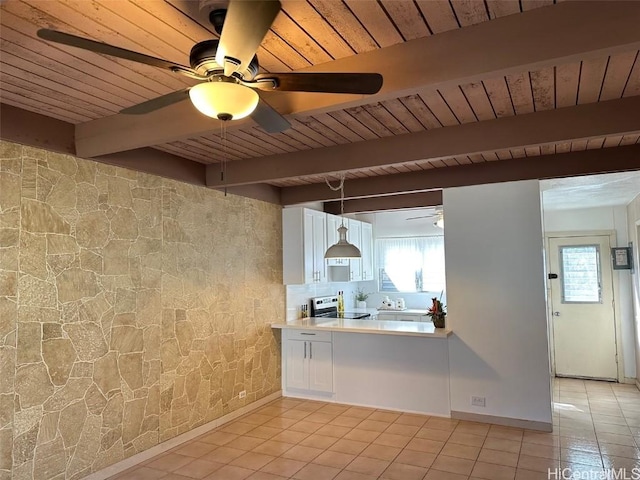 kitchen with stainless steel electric stove, beam ceiling, white cabinets, and pendant lighting