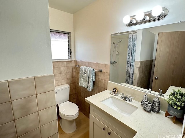 bathroom featuring vanity, tile walls, toilet, walk in shower, and hardwood / wood-style flooring