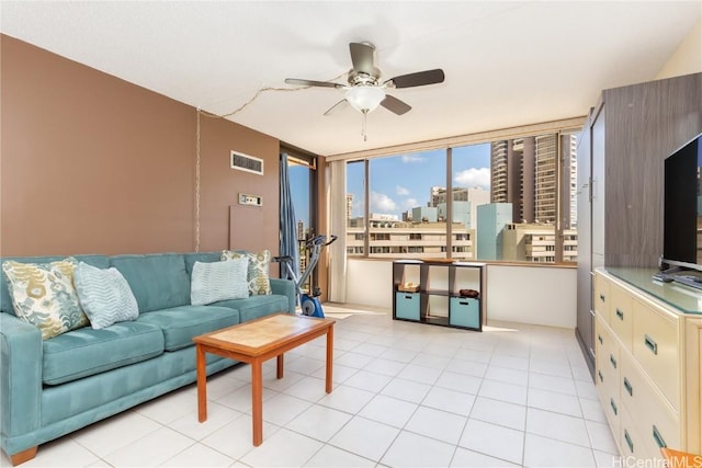 living room featuring ceiling fan