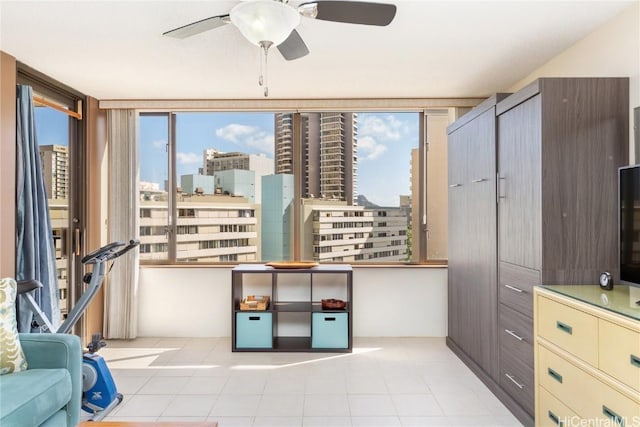 interior space featuring ceiling fan and expansive windows