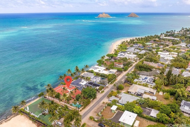 aerial view featuring a beach view and a water view