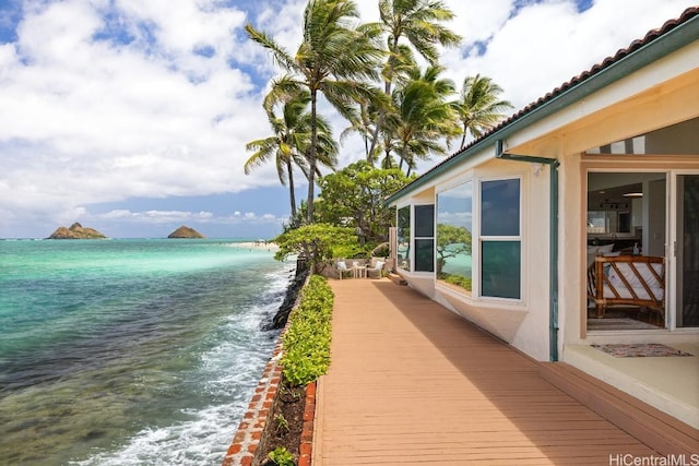 view of water feature with a beach view