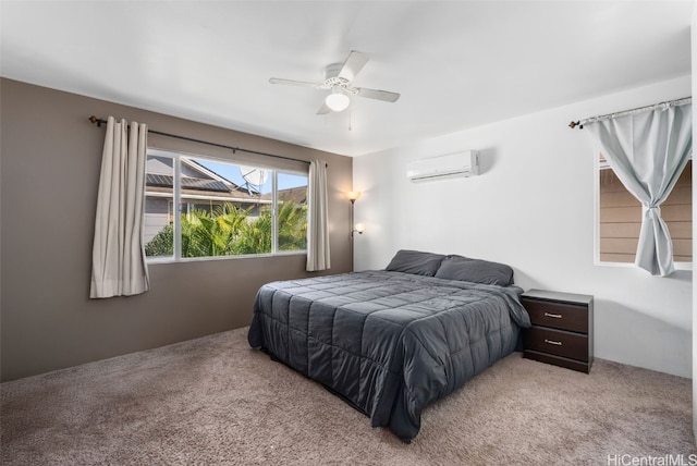 bedroom featuring light colored carpet, a wall mounted air conditioner, and ceiling fan