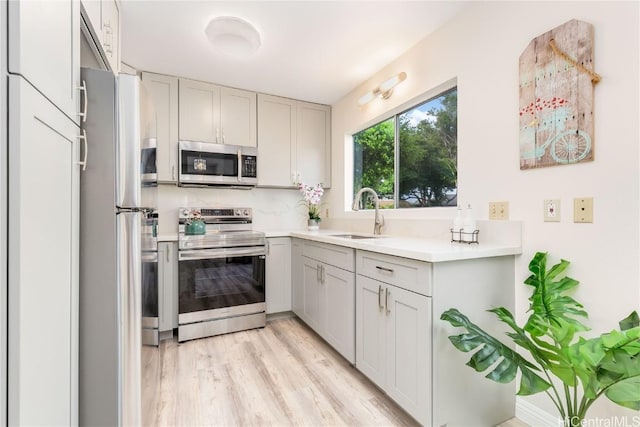 kitchen featuring stainless steel appliances, sink, backsplash, gray cabinets, and light wood-type flooring