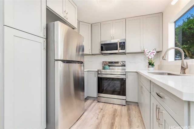 kitchen with sink, stainless steel appliances, light hardwood / wood-style floors, and tasteful backsplash