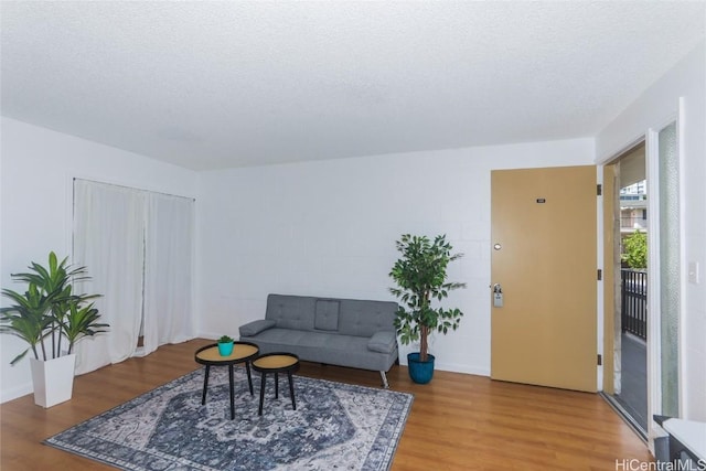 living room with a textured ceiling and light hardwood / wood-style floors