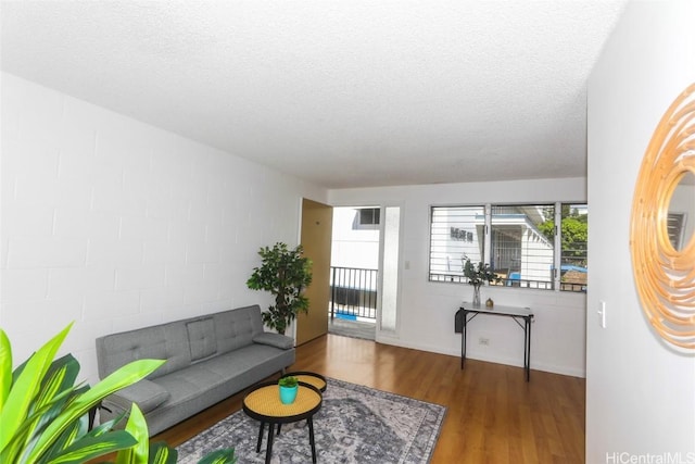 living room featuring a textured ceiling and hardwood / wood-style flooring