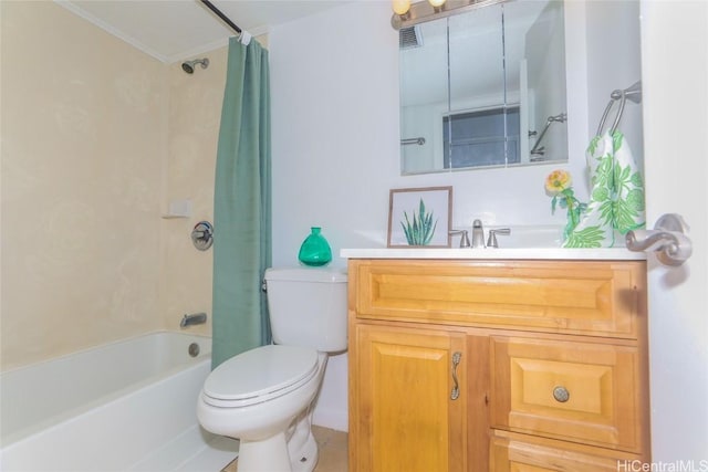 full bathroom featuring toilet, vanity, and shower / tub combo with curtain