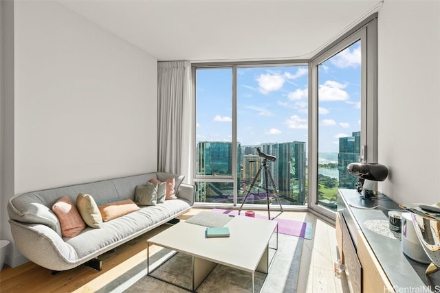 living room featuring a view of city, light wood-style floors, and floor to ceiling windows