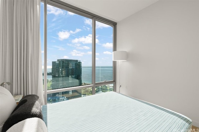 bedroom featuring a wall of windows and a water view