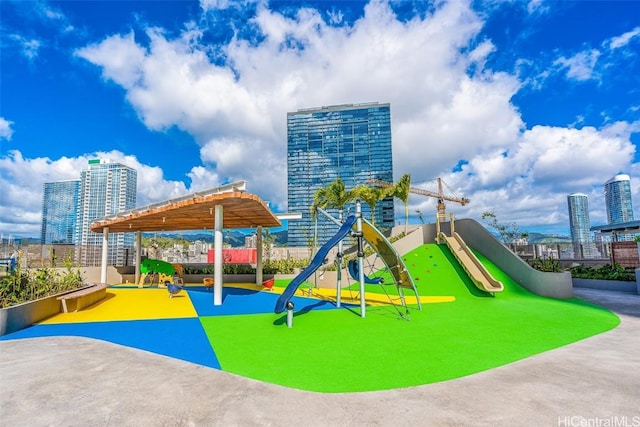 community play area with a city view