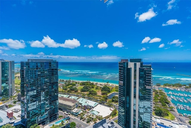 drone / aerial view with a water view and a city view