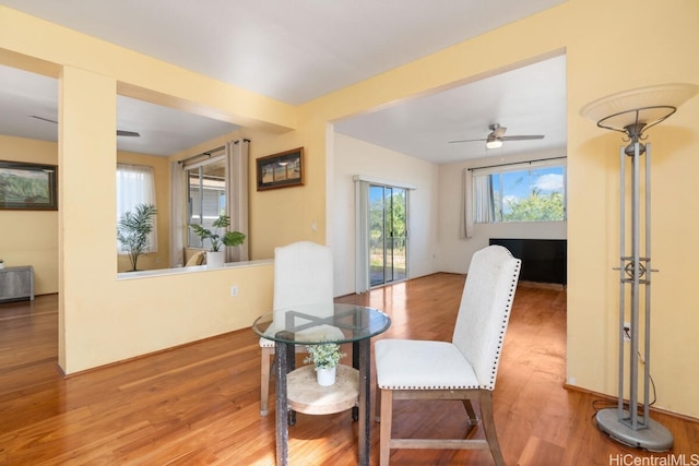 dining area featuring ceiling fan and hardwood / wood-style flooring