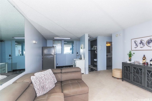 living room with light carpet and sink