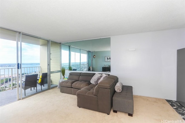 carpeted living room featuring a water view, a healthy amount of sunlight, a textured ceiling, and a wall of windows