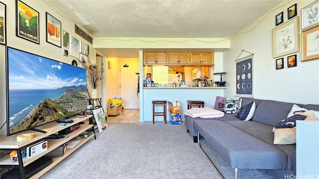 living room with a textured ceiling and light carpet