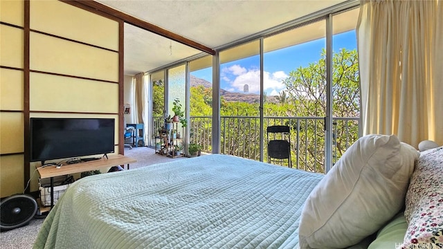 bedroom with carpet and floor to ceiling windows