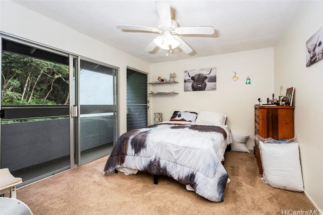 bedroom with ceiling fan and carpet floors